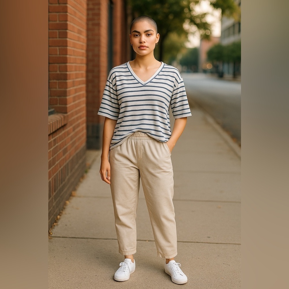 Green Envelope Navy and White Striped V-Neck Top